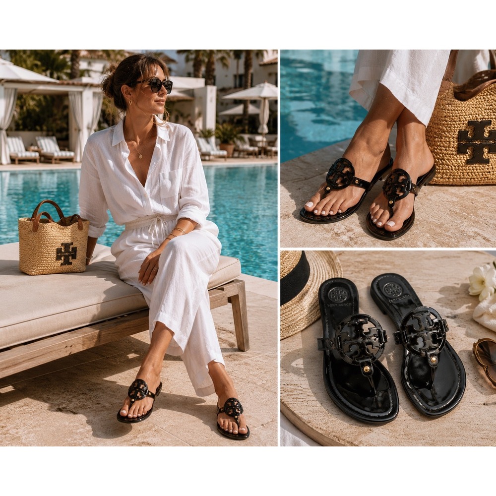 Tory Burch Women's Miller Black Patent Leather Thong Logo Medallion Sandals 5